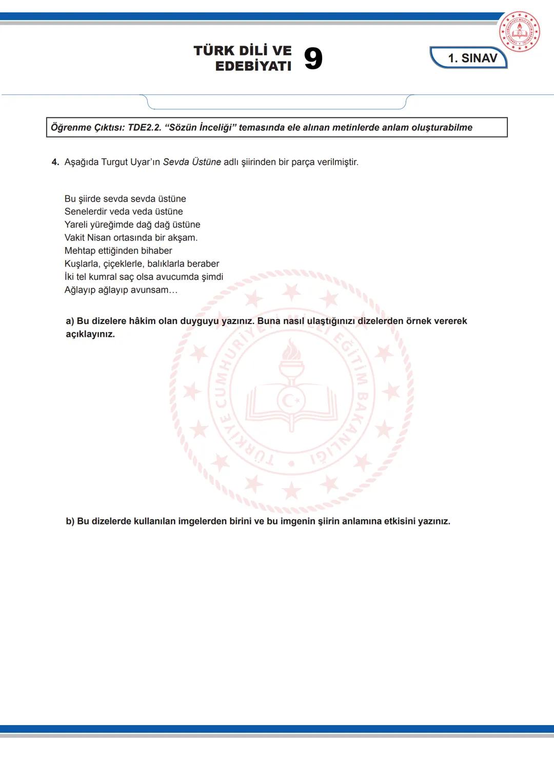 TÜRK DİLİ VE
EDEBİYATI
9
9. SINIF TÜRK DİLİ VE EDEBİYATI DERSİ
1. DÖNEM 1. ORTAK YAZILI SENARYOLARINA YÖNELİK SORU ÖRNEKLERİ
Senaryolar, oku