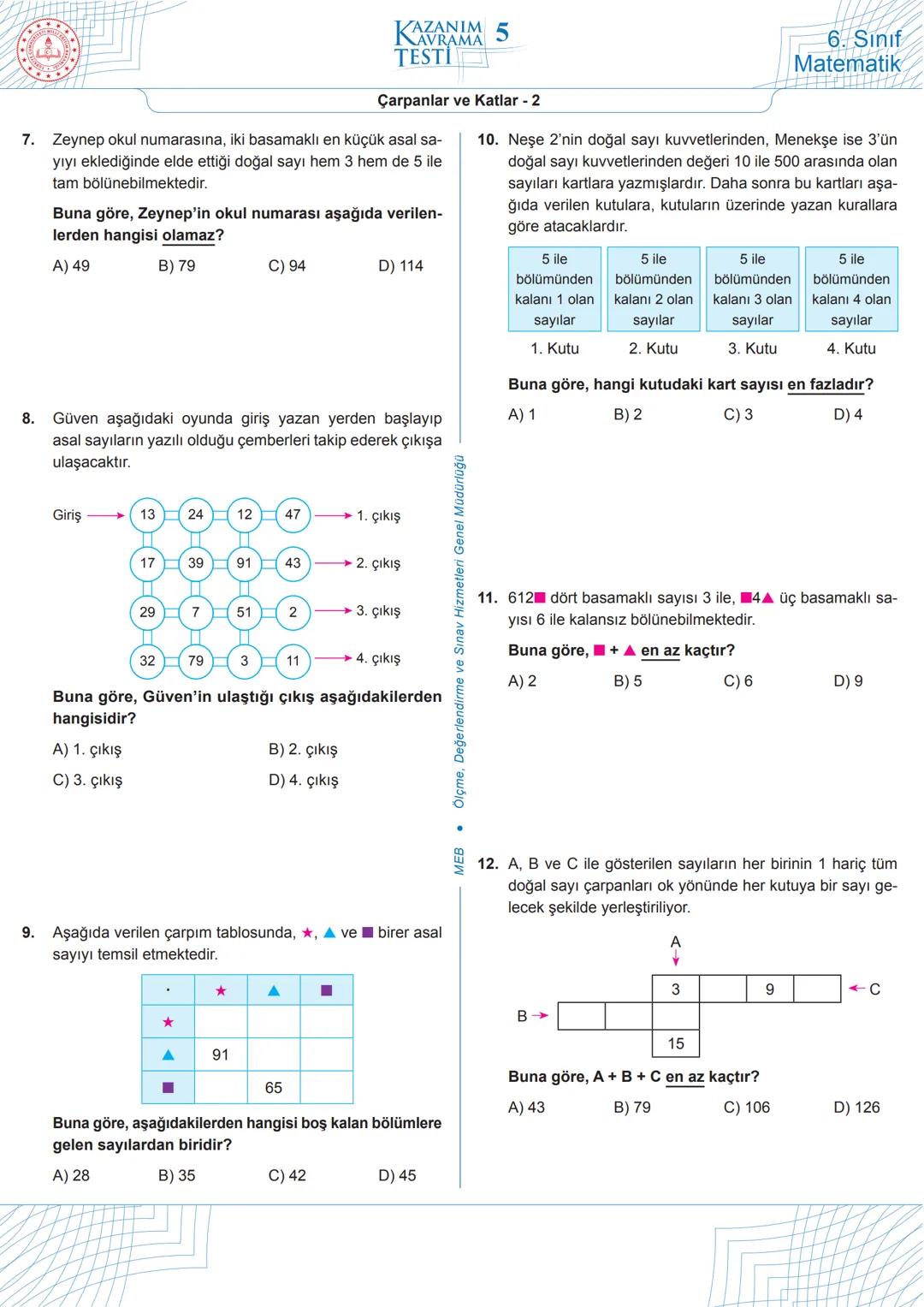 # KAZANIM
## KAVRAMA
# TESTİ 5
## 6. Sınıf
### Matematik
Çarpanlar ve Katlar - 2
1. Bir sınıfta 24 tane öğrenci vardır. Bu sınıftaki öğr