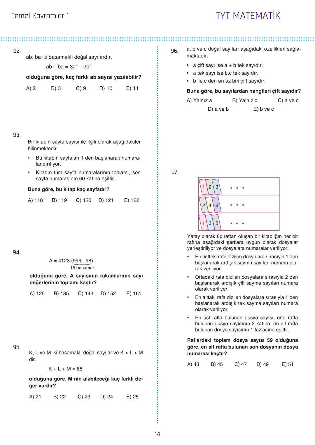 Temel Kavramlar 1
1. a, b ve c birbirinden farklı rakamlar olmak üzere,
$2a+3b-2c$
ifadesinin alabileceği en büyük değer x, en
küçük değer