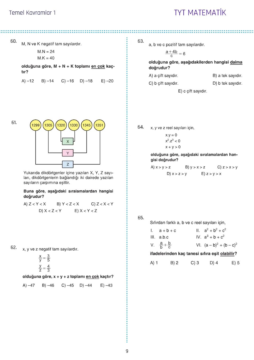 Temel Kavramlar 1
1. a, b ve c birbirinden farklı rakamlar olmak üzere,
$2a+3b-2c$
ifadesinin alabileceği en büyük değer x, en
küçük değer