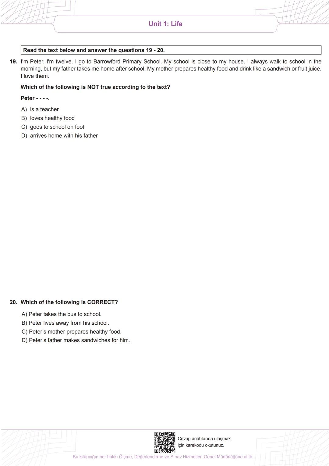 # EGITIM
# יאדו
# BECERİ TEMELLİ
# SORULAR
Unit 1: Life
# 6th Grade
# English
Read the information below and answer the questions 1-2.
H