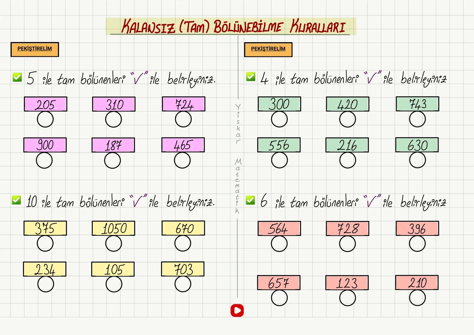 NOT
KALANSIZ (TAM) BÖLÜNEBİLME KURALLARI
2 Birler basamağı "0,2,4,6,8"
*48
*257
*525
*160
3-Rakamları toplamı "3'ün katı"
*785
*16345
*10