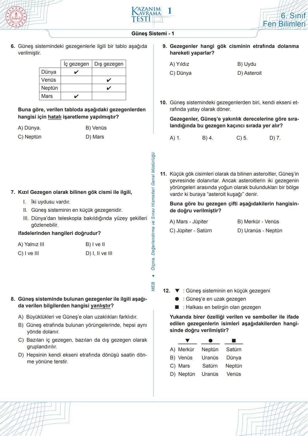 # AZANIM
KAVRAMA 1
TESTİ
6. Sınıf
Fen Bilimleri
Güneş Sistemi - 1
1. Bir öğrenci hazırladığı çiçek modelinin yapraklarına bazı
gök cisiml