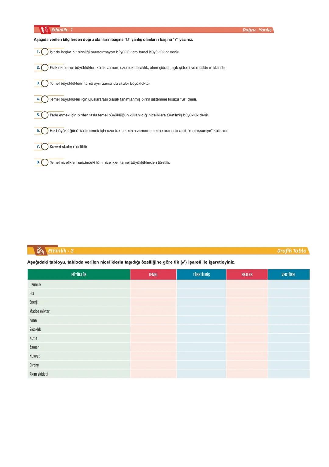 ALIŞTIRMALAR - 1
Fizik Bilimi ve Kariyer Keşfi
ÜNİTE -1
Etkinlik - 1
Grafik Tablo
Aşağıdaki tabloda verilen konuların fizik, kimya ve biyolo