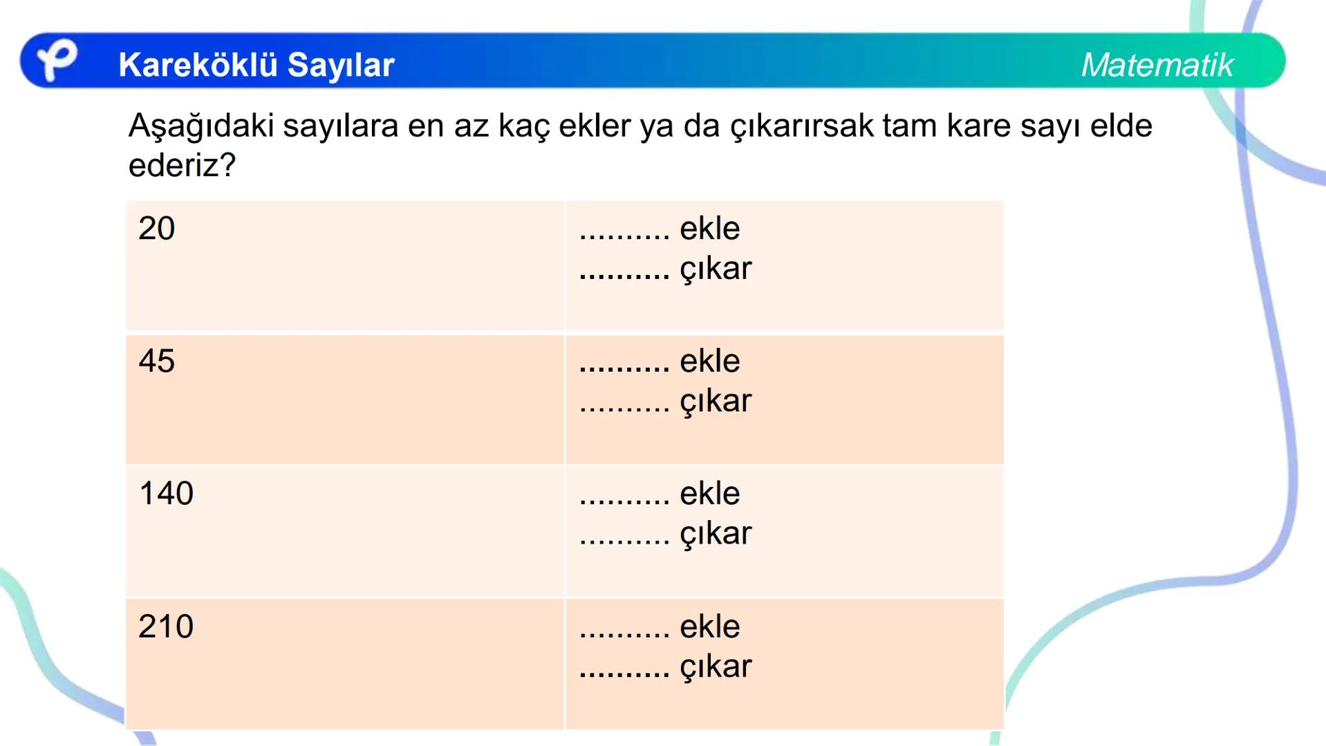 # MATEMATİK
KAREKÖKLÜ SAYILAR
Pakodemy Kareköklü Sayılar
Matematik
Bir sayma sayısını kendisi ile çarparak elde ettiğimiz sayıya tam kar
