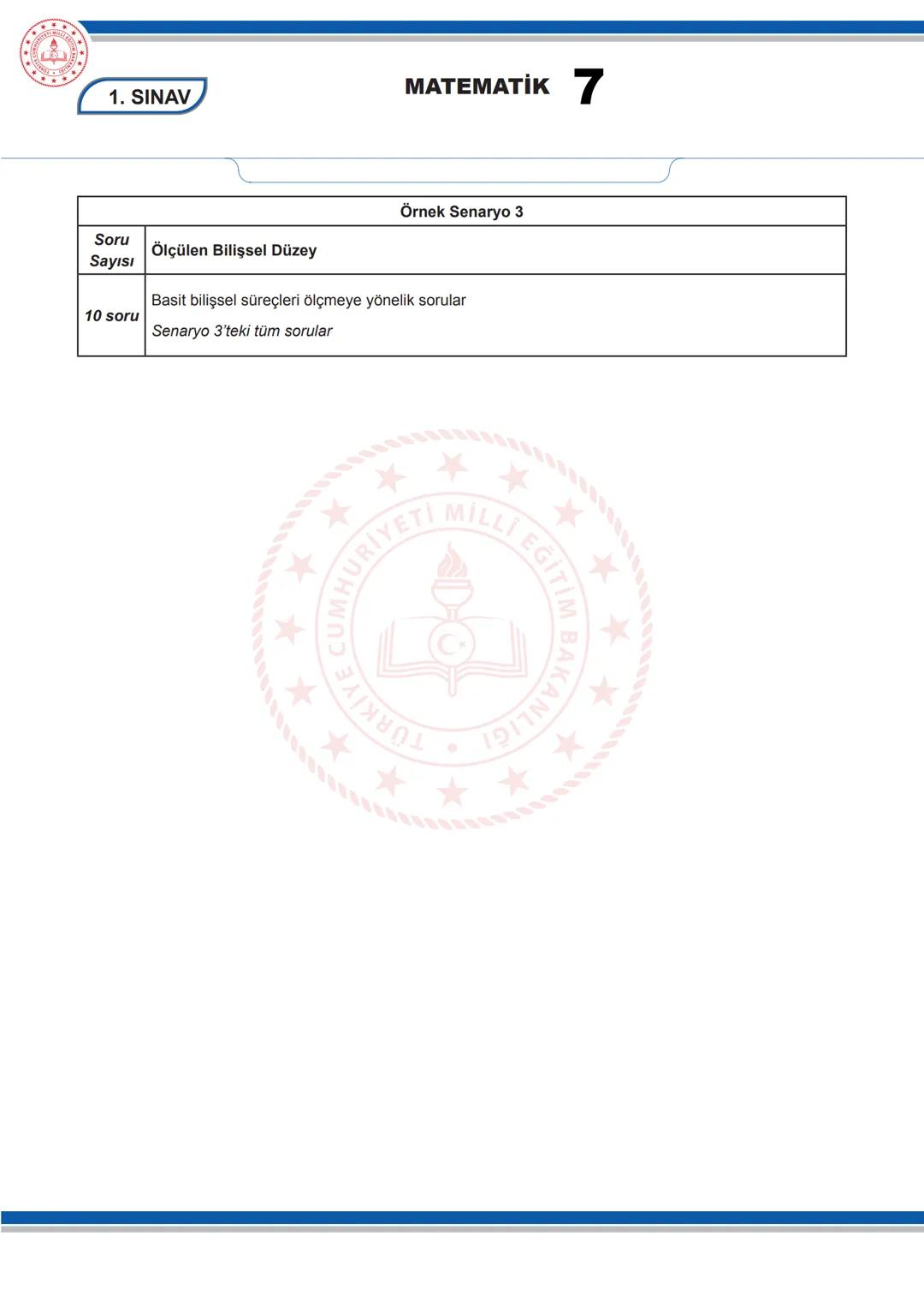 # MATEMATİK 7
1. SINAV
7. SINIF 1. DÖNEM 1. ORTAK YAZILI KONU SORU DAĞILIM TABLOSU VE ÖRNEK SENARYOLAR
Konu soru dağılım tablosu, öğretim