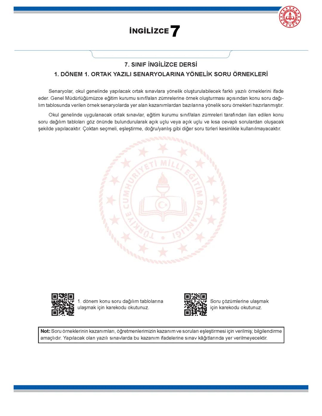 7 sınıf 1 dönem 1 yazılı örnek senaryo