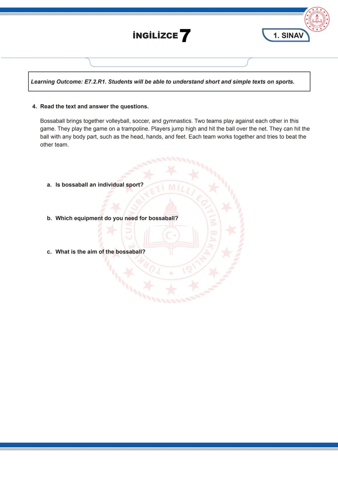 İNGİLİZCE 7
7. SINIF İNGİLİZCE DERSİ
1. DÖNEM 1. ORTAK YAZILI SENARYOLARINA YÖNELİK SORU ÖRNEKLERİ
Senaryolar, okul genelinde yapılacak orta