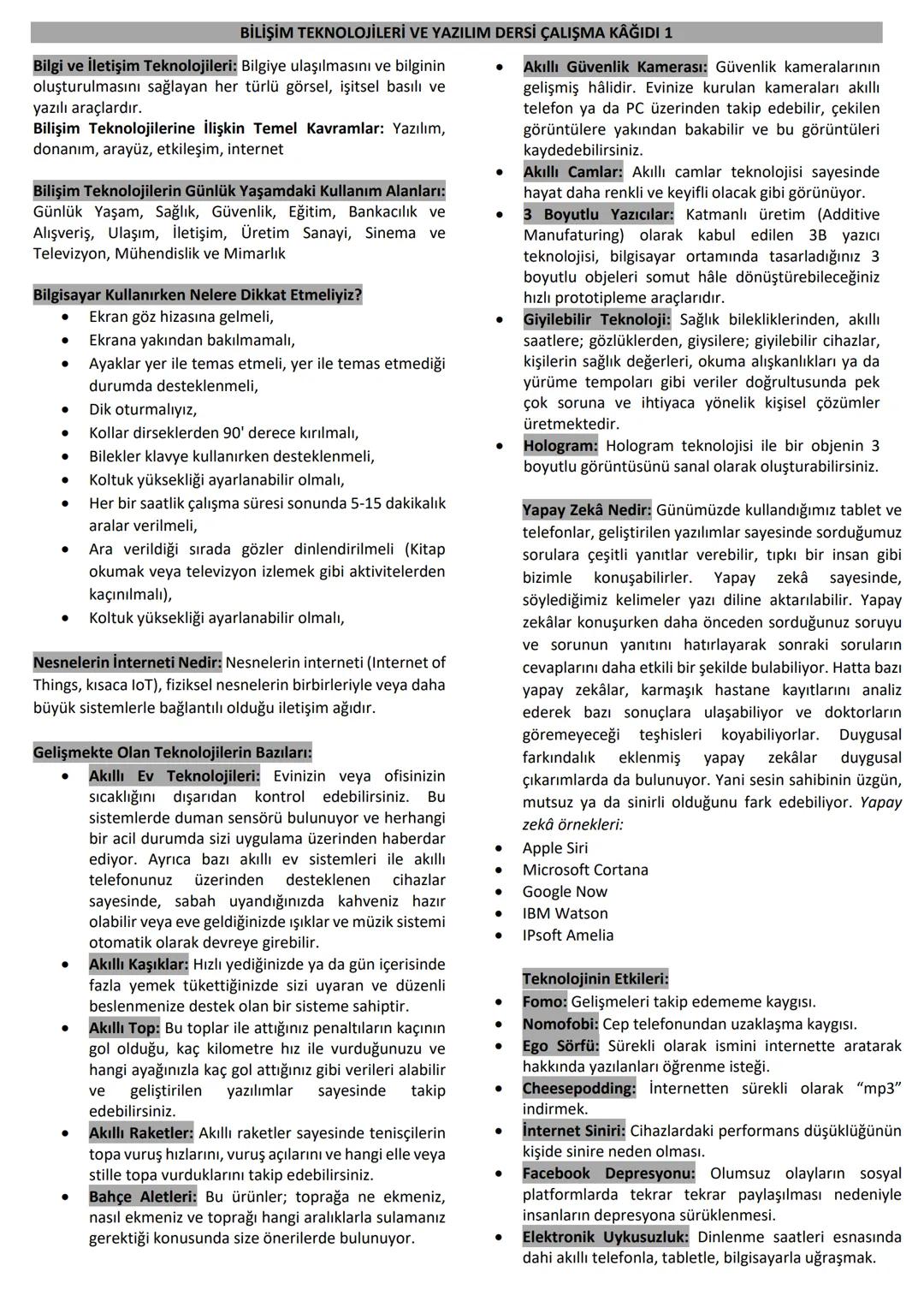 # BİLİŞİM TEKNOLOJİLERİ VE YAZILIM DERSİ ÇALIŞMA KAĞIDI 1
Bilgi ve İletişim Teknolojileri: Bilgiye ulaşılmasını ve bilginin
oluşturulmasını