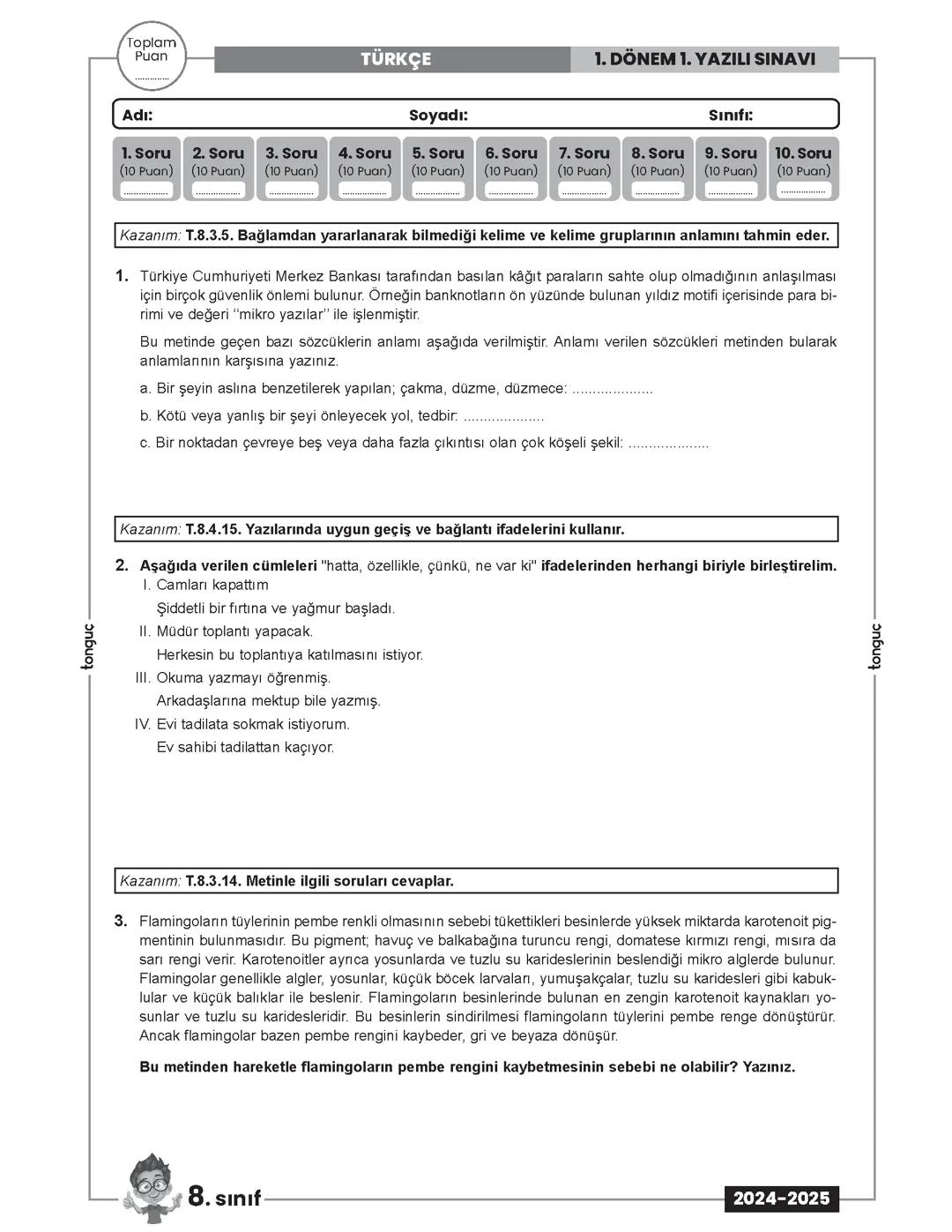 8 sınıf Türkçe yazılı örneği