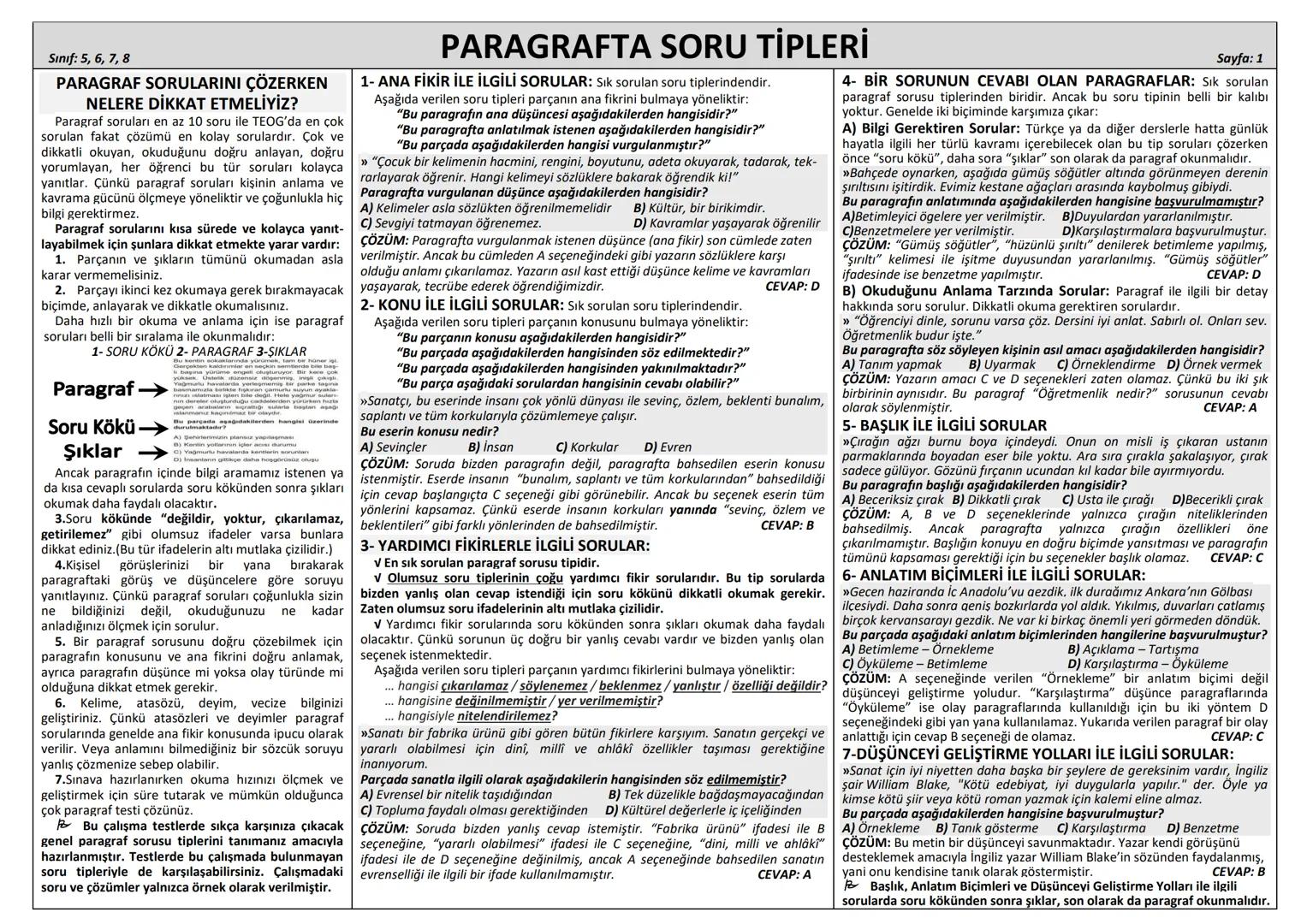 Sınıf: 5, 6, 7, 8
PARAGRAFTA (PARÇADA) ANLAM
Sayfa: 1
PARAGRAFIN ANLAM YÖNÜ
KONU: "Parçada/paragrafta ne anlatılıyor?" sorusunun cevabı