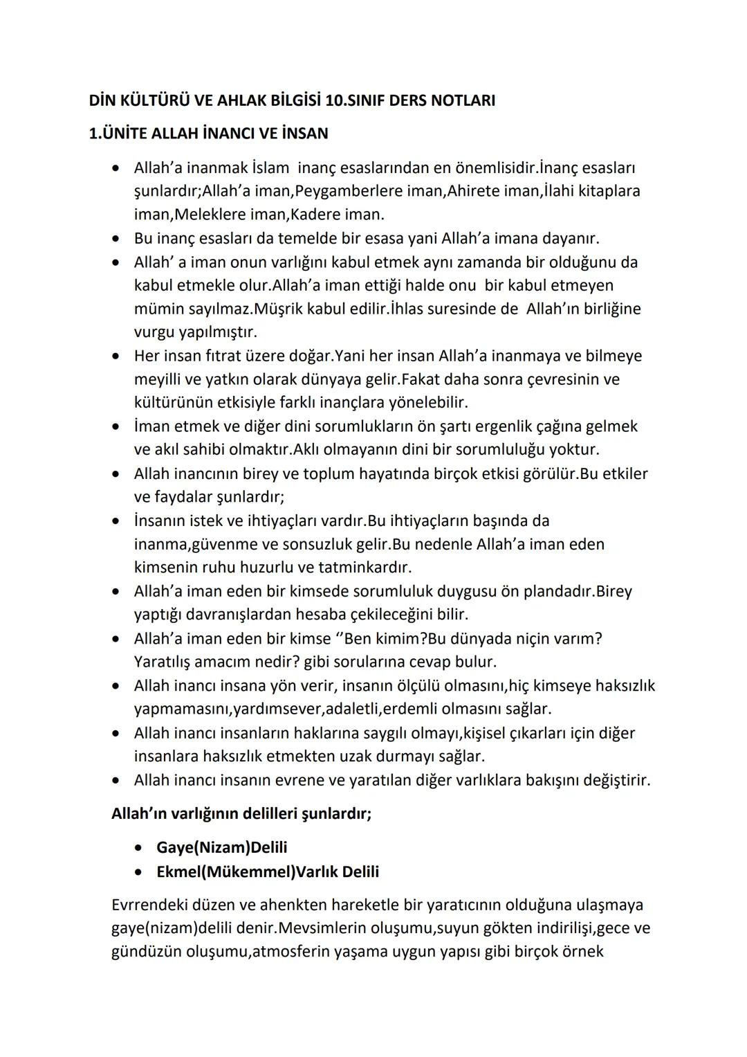 # DİN KÜLTÜRÜ VE AHLAK BİLGİSİ 10.SINIF DERS NOTLARI
# 1. ÜNİTE ALLAH İNANCI VE İNSAN
* Allah'a inanmak İslam inanç esaslarından en önem