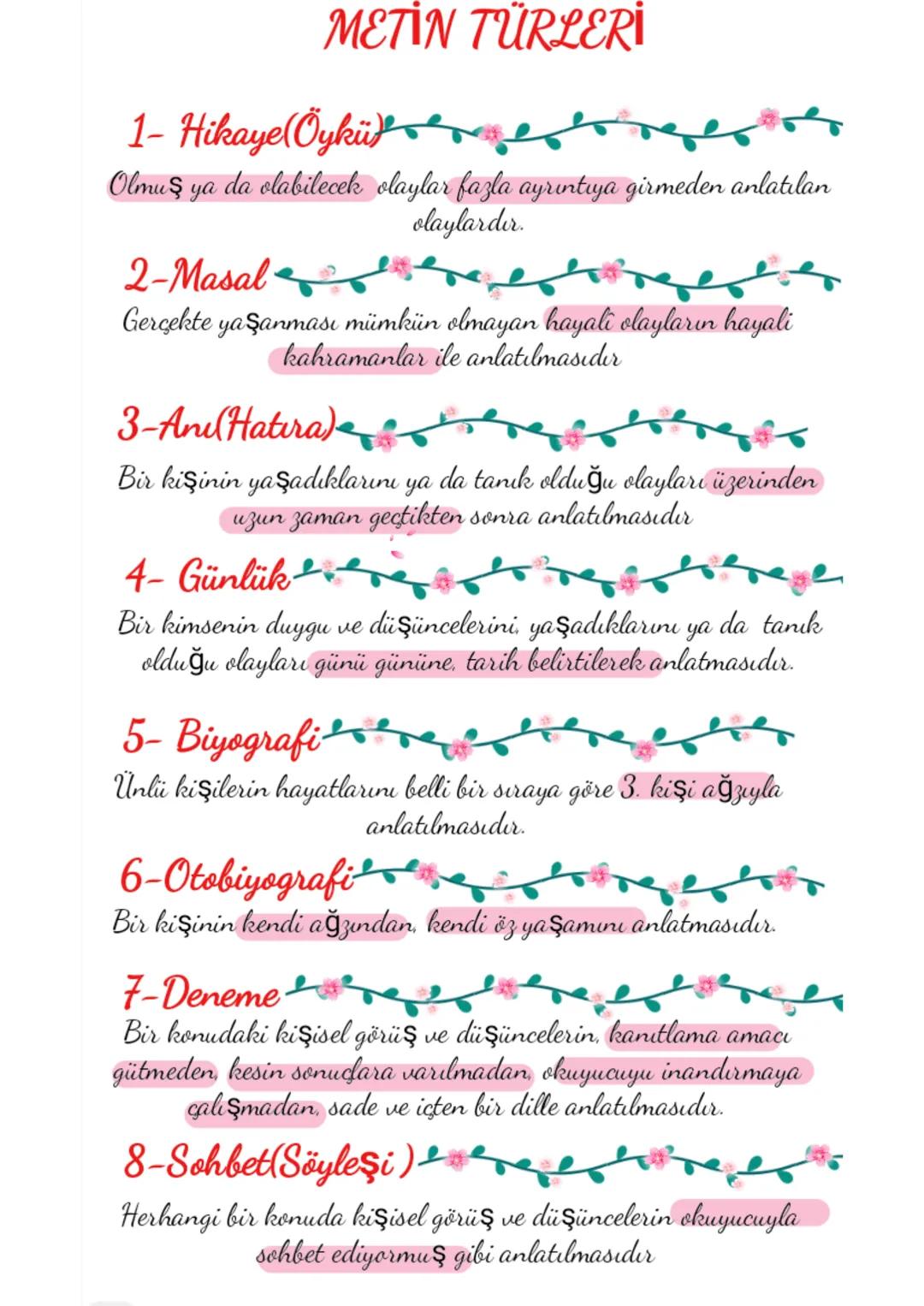 # METİN TÜRLERİ
1- Hikaye (Öykü
Olmuş ya da olabilecek olaylar fazla ayrıntıya girmeden anlatılan
olaylardır.
2-Masal
Gerçekte yaşanması