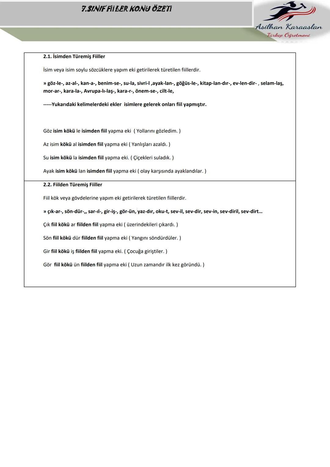 # 7.SINIF FIILER KONU ÖZETI
Asilhan Karaaslan
Türkçe Öğretmeni
FİİLLER (EYLEMLER)
Bir oluşu, bir durumu veya bir kılışı kip ve kişiye bağ