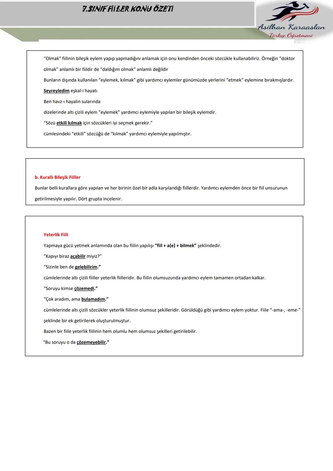 # 7.SINIF FIILER KONU ÖZETI
Asilhan Karaaslan
Türkçe Öğretmeni
FİİLLER (EYLEMLER)
Bir oluşu, bir durumu veya bir kılışı kip ve kişiye bağ