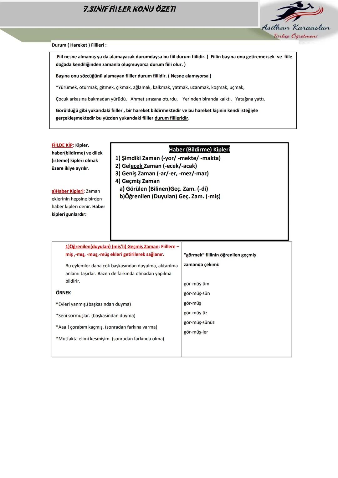 # 7.SINIF FIILER KONU ÖZETI
Asilhan Karaaslan
Türkçe Öğretmeni
FİİLLER (EYLEMLER)
Bir oluşu, bir durumu veya bir kılışı kip ve kişiye bağ