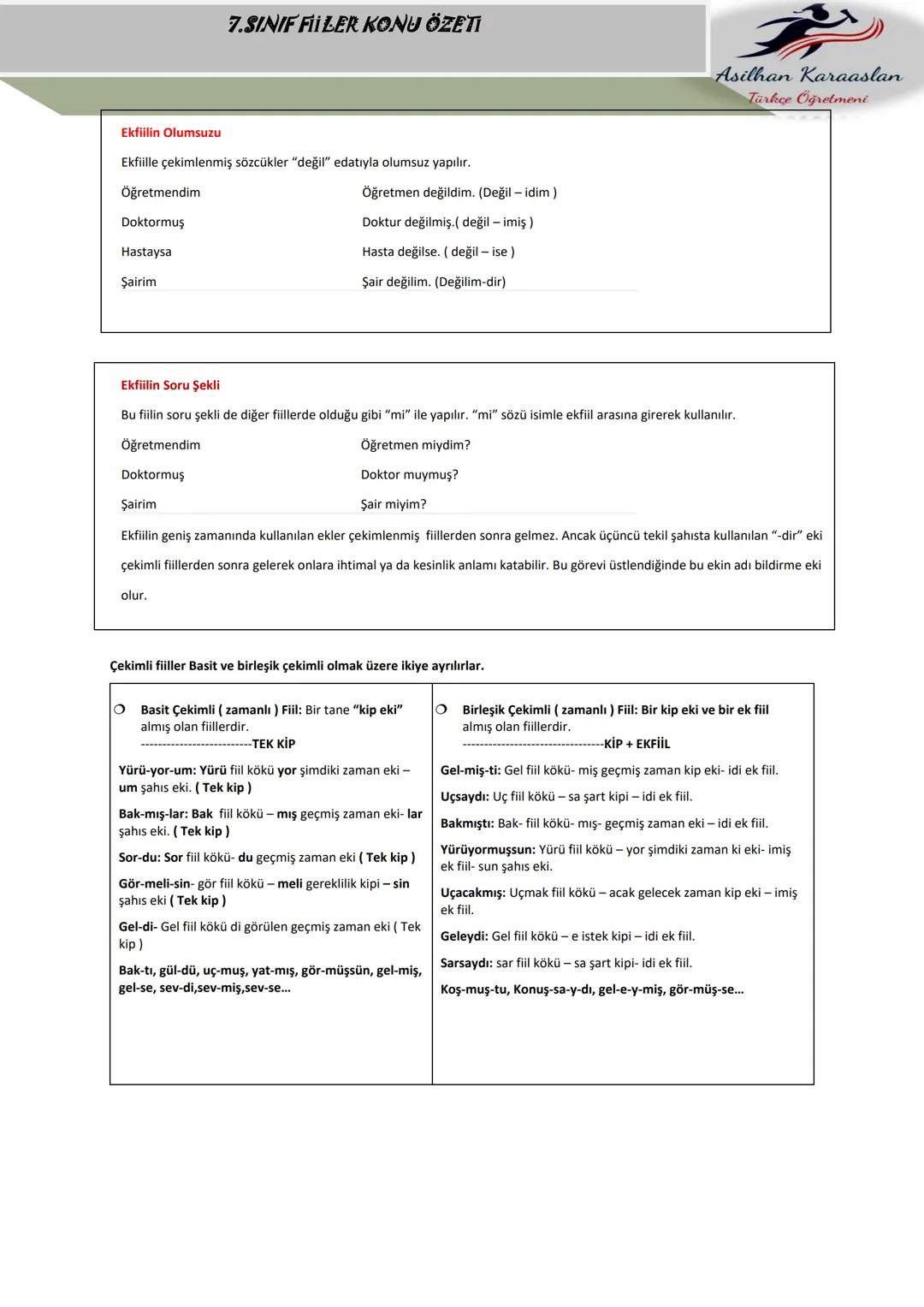 # 7.SINIF FIILER KONU ÖZETI
Asilhan Karaaslan
Türkçe Öğretmeni
FİİLLER (EYLEMLER)
Bir oluşu, bir durumu veya bir kılışı kip ve kişiye bağ