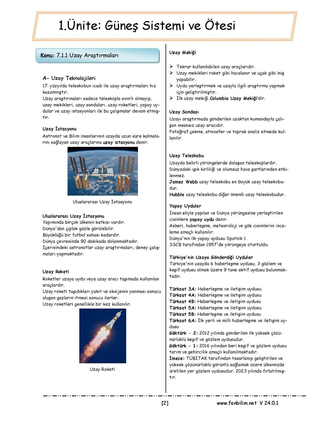 7.sınıf uzay araştırmaları kısa özet