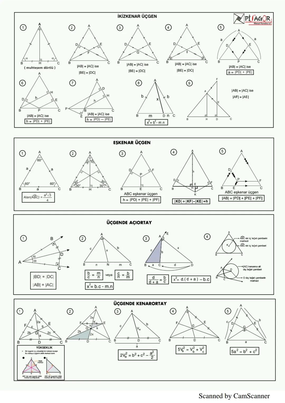 B
ÜÇGENDE AÇILAR
■Bir üçgende, iç açıların ölçüleri toplamı 180°, dış açıların ölçüleri toplamı 360° dir.
A
α = x+y
to
A
(4)
D
PISAGOR
Mesut