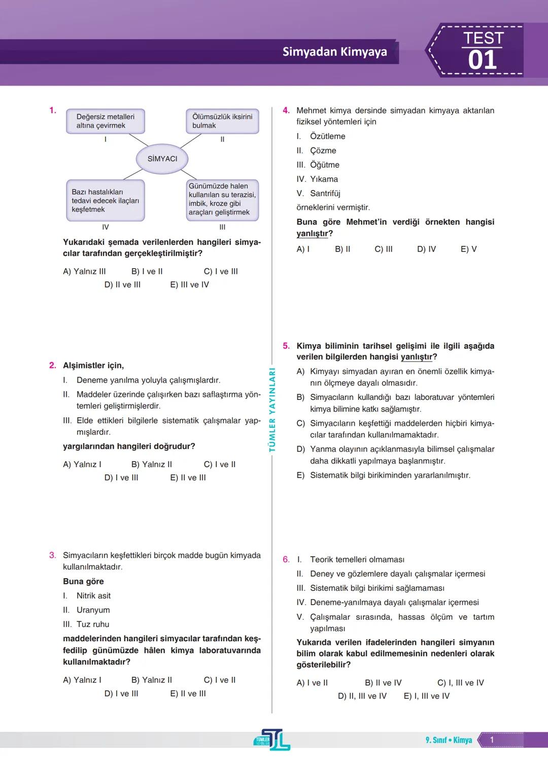 1.
Değersiz metalleri
altına çevirmek
Ölümsüzlük iksirini
bulmak
TEST
Simyadan Kimyaya
01
4. Mehmet kimya dersinde simyadan kimyaya aktarıla