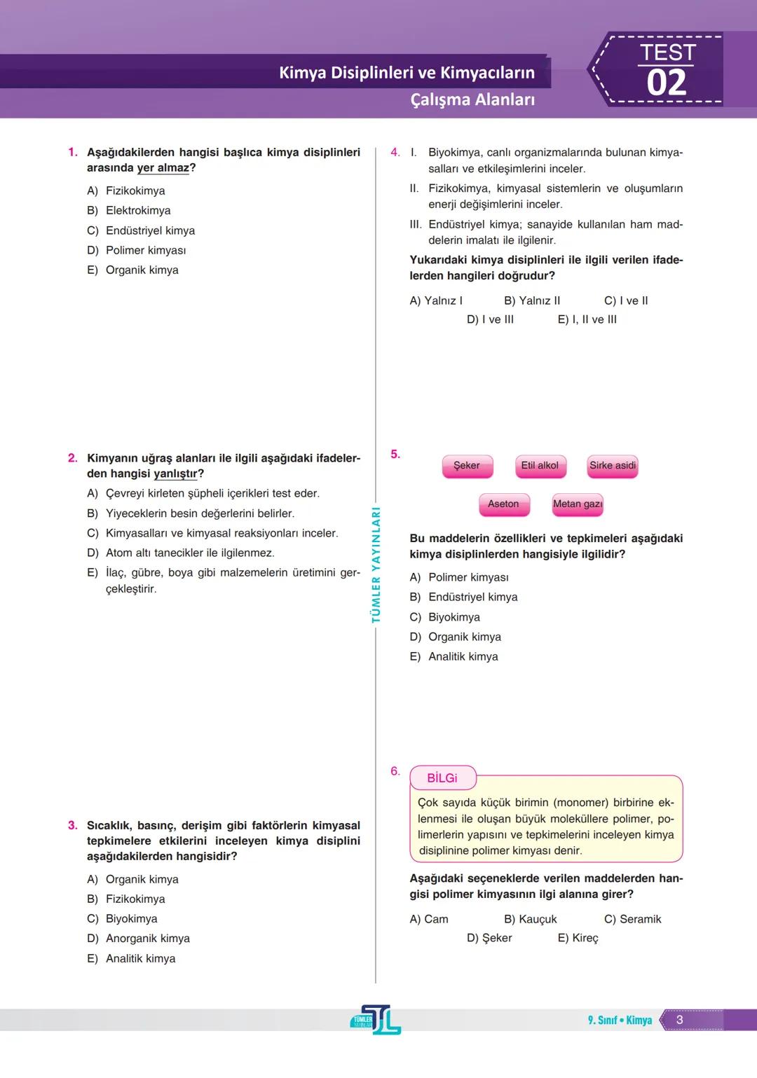 1.
Değersiz metalleri
altına çevirmek
Ölümsüzlük iksirini
bulmak
TEST
Simyadan Kimyaya
01
4. Mehmet kimya dersinde simyadan kimyaya aktarıla
