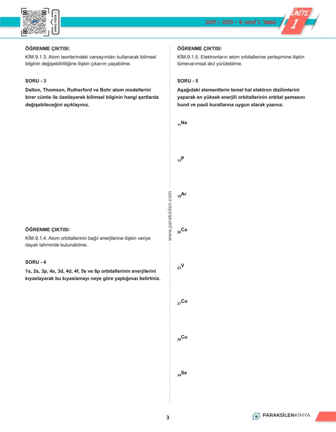 9. SINIF
YAZILI HAZIRLIK
1. DÖNEM 1. YAZILI
1
PARAKSİLENKİMYA UNITE
1
2024 2025-9. sınıf 1. Yazılı
2024 2025-9. sınıf 1. Yazılı
ÖĞRENME ÇIKT