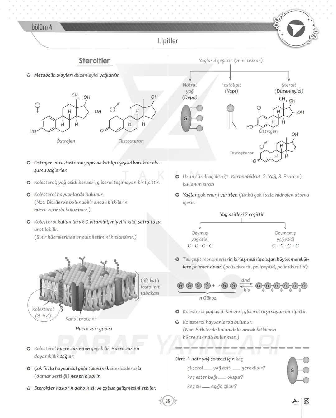 bölüm 4
Lipitler
Organiktir. (CHO) (~NP)
Suda çözünmez.
Enerji eldesinde 2. sırada kullanılırlar.
Uzun süreli açlıkta kullanım sırası
(1. Ka