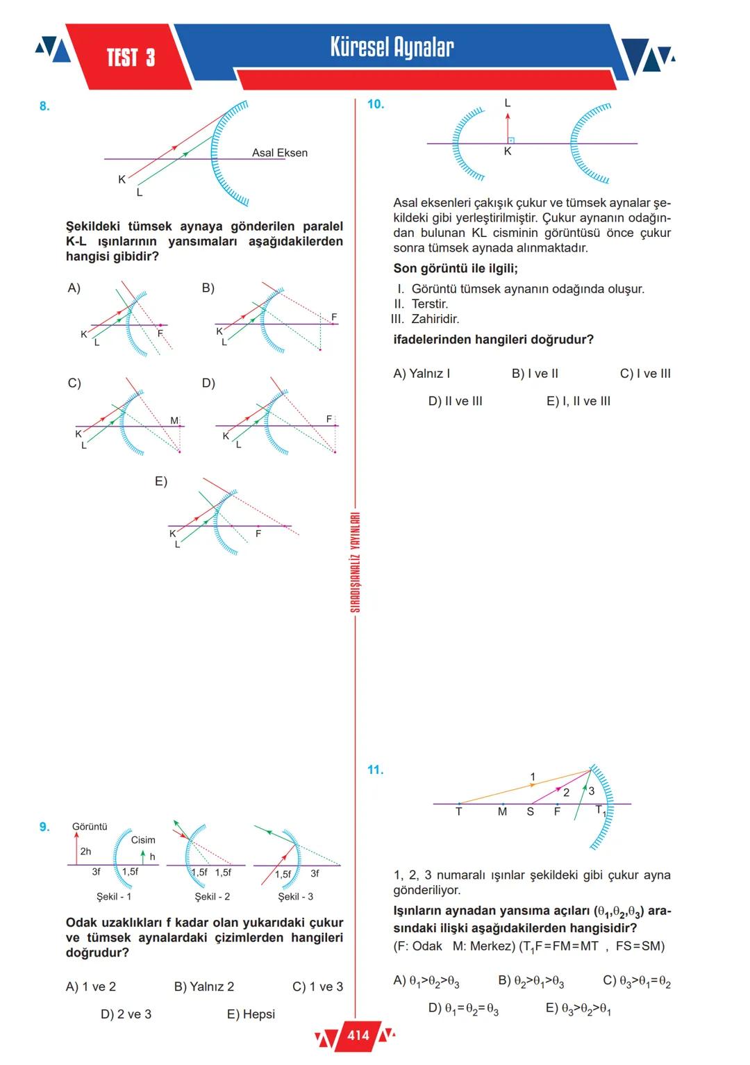 KONU ÖZETİ
Küresel Aynalar
R yarıçaplı bir kürenin çukur tarafı yansıtıcı duruma
getirilirse çukur ayna, dış kısmı yansıtıcı duruma ge-
tiri