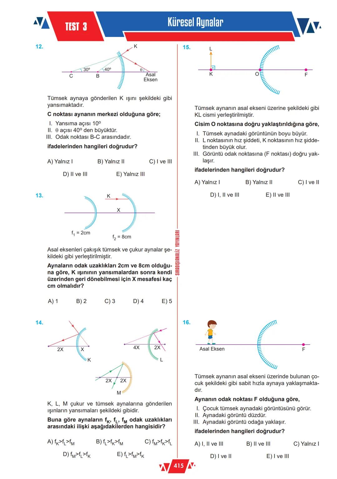 KONU ÖZETİ
Küresel Aynalar
R yarıçaplı bir kürenin çukur tarafı yansıtıcı duruma
getirilirse çukur ayna, dış kısmı yansıtıcı duruma ge-
tiri
