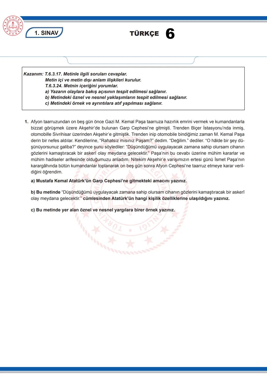 TÜRKÇE 6
6. SINIF TÜRKÇE DERSİ YILDIRIM YAYINLARI
1. DÖNEM 1. ORTAK YAZILIYA YÖNELİK SORU ÖRNEKLERİ
CUMHURIYET
MILLI
**
*
EĞİTİM
BAKANLIGI
1
