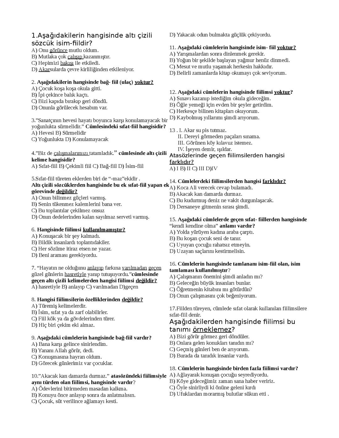 Türkçe 8.Sınıf Fiilimsiler