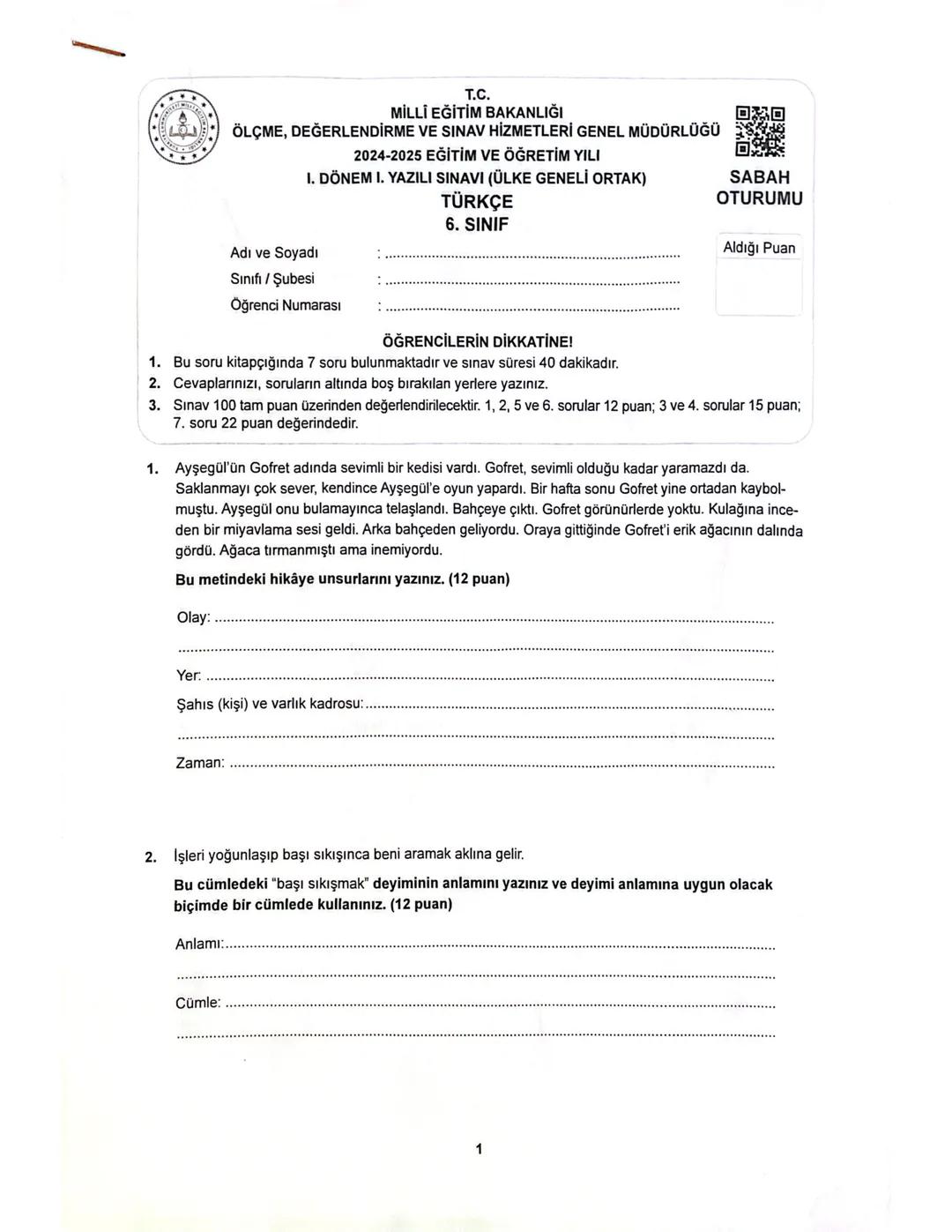 Türkçe 6. Sınıf 1. Dönem Yazılı Soruları