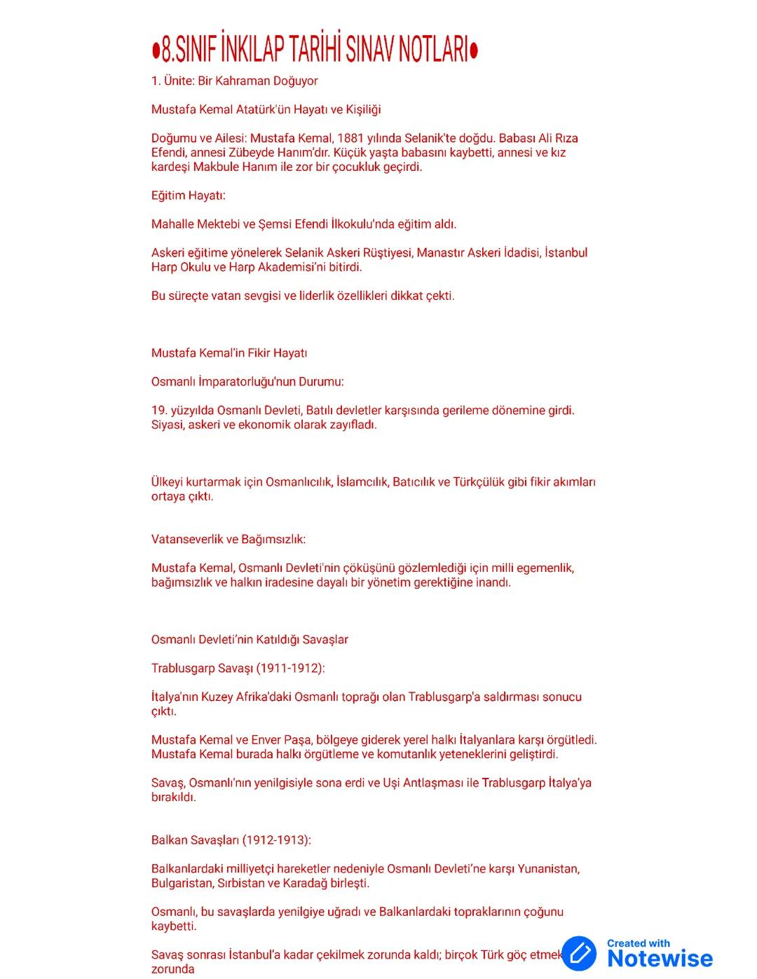 8.SINIF İNKILAP TARİHİ SINAV NOTLARI