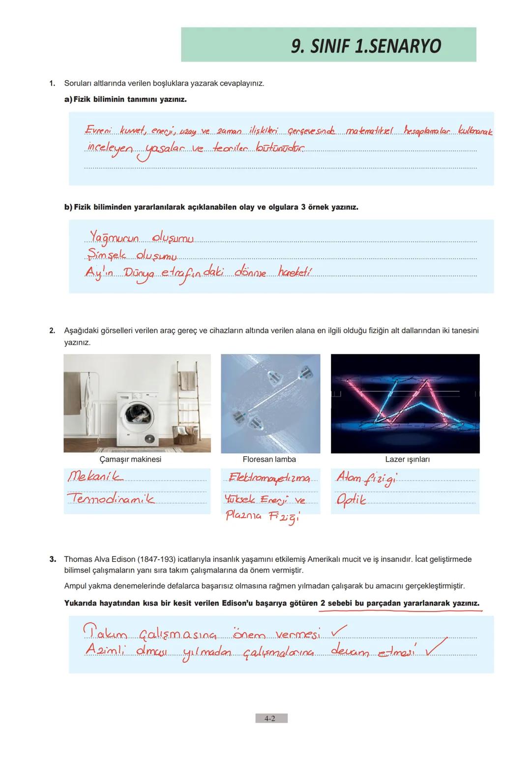 9. SINIF
1. Yazılı
Örnek Sınav
Sorularının
Cevapları 1.
9.SINIF 1.SENARYO
Soruları altlarında verilen boşluklara yazarak cevaplayınız.
a) Fi