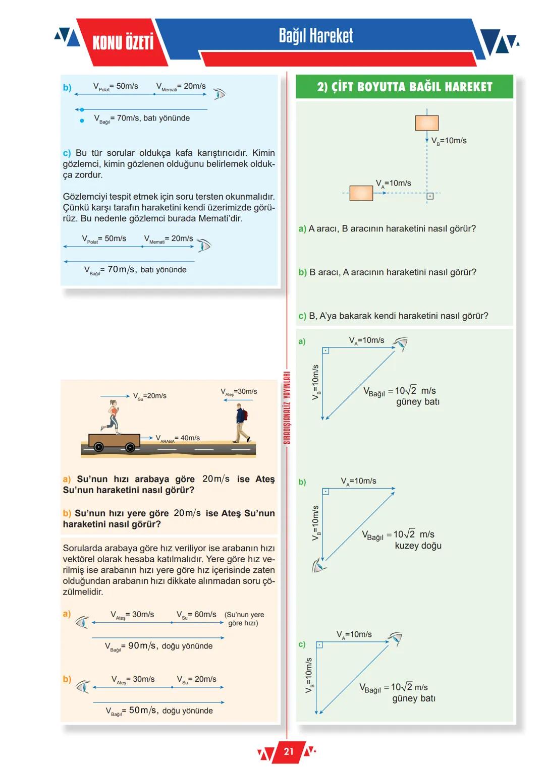 KONU ÖZETİ
BAĞIL HAREKET
Bağıl Hareket
Otoyolda giden bir otobüsün içindeki insanları düşü-
nün. Otobüsün içindeki insanlar birbirlerine gör