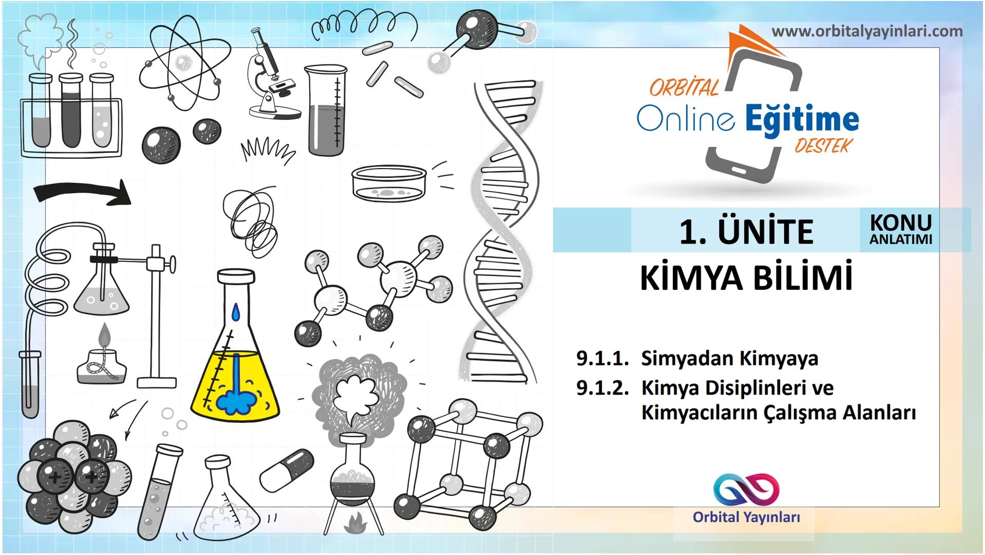 мит
いい
11
www.orbitalyayinlari.com
ORBITAL
Online Eğitime
DESTEK
1. ÜNİTE
KİMYA BİLİMİ
9.1.1. Simyadan Kimyaya
9.1.2. Kimya Disiplinleri
