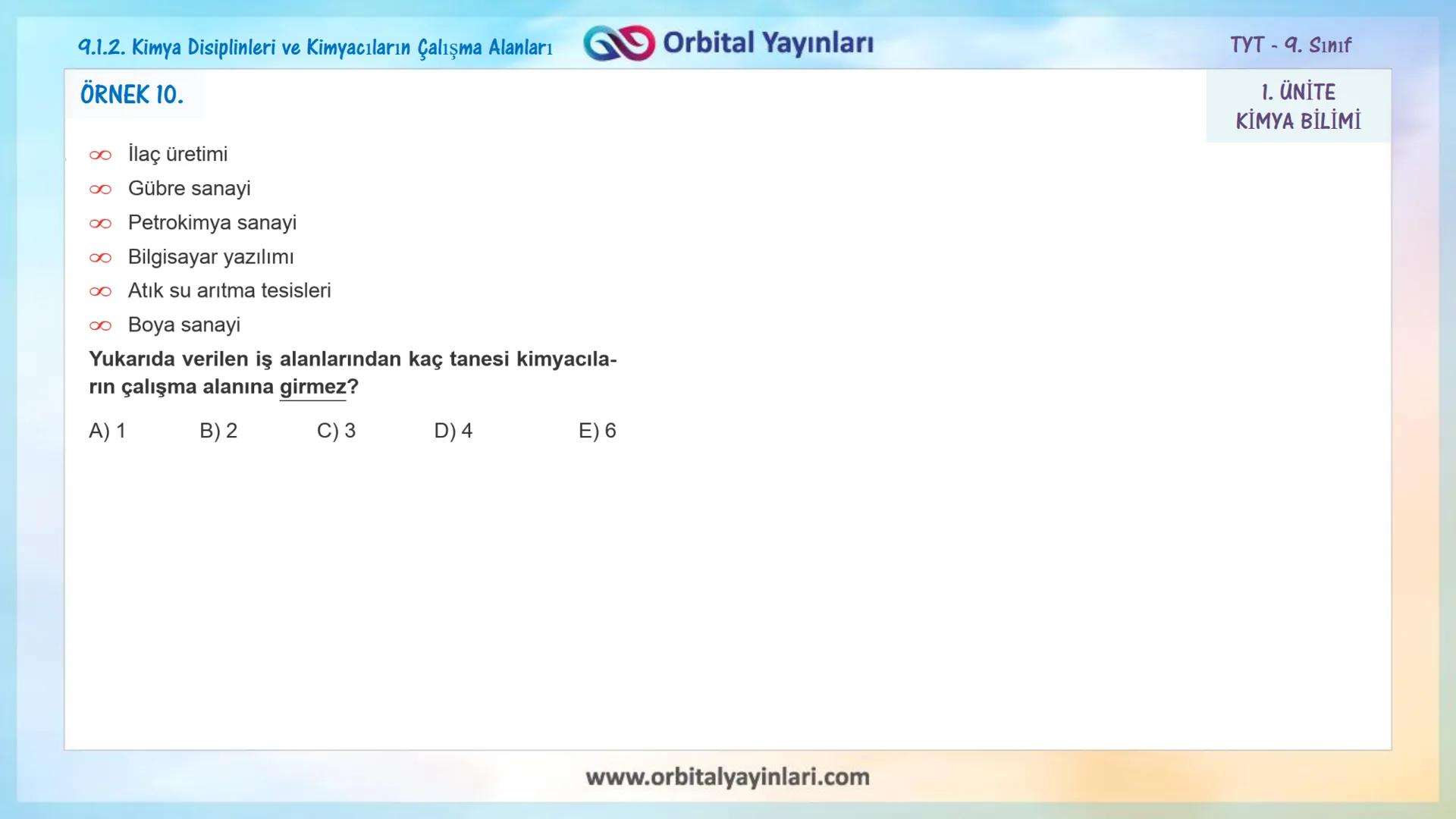 мит
いい
11
www.orbitalyayinlari.com
ORBITAL
Online Eğitime
DESTEK
1. ÜNİTE
KİMYA BİLİMİ
9.1.1. Simyadan Kimyaya
9.1.2. Kimya Disiplinleri