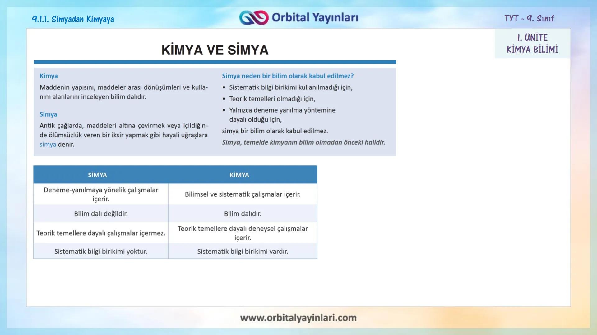 мит
いい
11
www.orbitalyayinlari.com
ORBITAL
Online Eğitime
DESTEK
1. ÜNİTE
KİMYA BİLİMİ
9.1.1. Simyadan Kimyaya
9.1.2. Kimya Disiplinleri