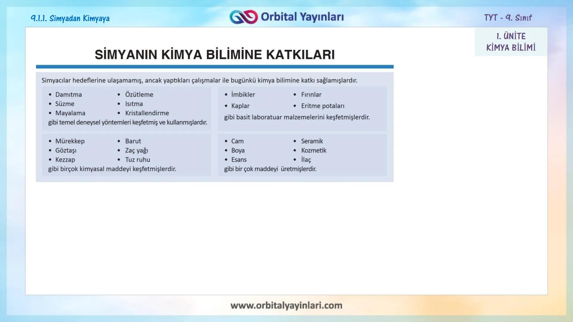 мит
いい
11
www.orbitalyayinlari.com
ORBITAL
Online Eğitime
DESTEK
1. ÜNİTE
KİMYA BİLİMİ
9.1.1. Simyadan Kimyaya
9.1.2. Kimya Disiplinleri