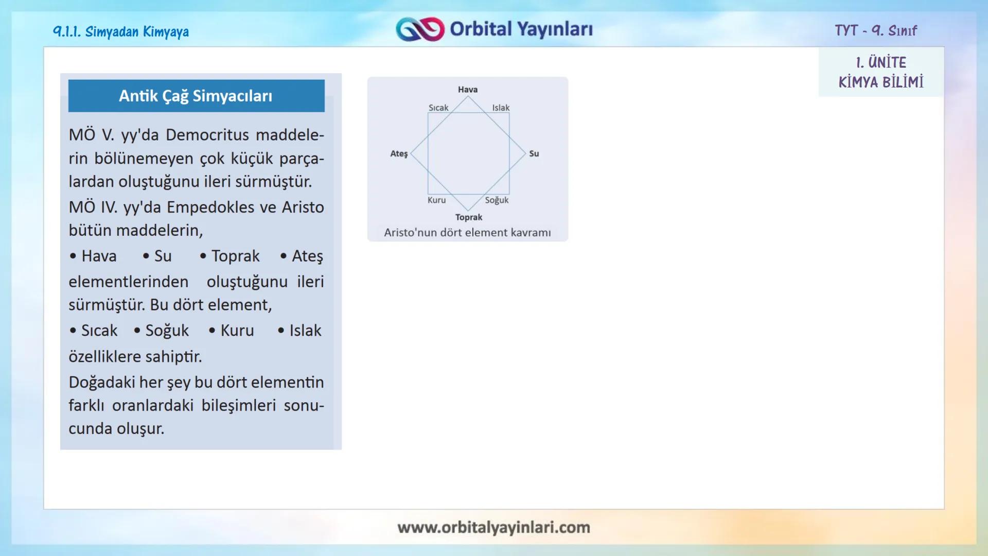 мит
いい
11
www.orbitalyayinlari.com
ORBITAL
Online Eğitime
DESTEK
1. ÜNİTE
KİMYA BİLİMİ
9.1.1. Simyadan Kimyaya
9.1.2. Kimya Disiplinleri