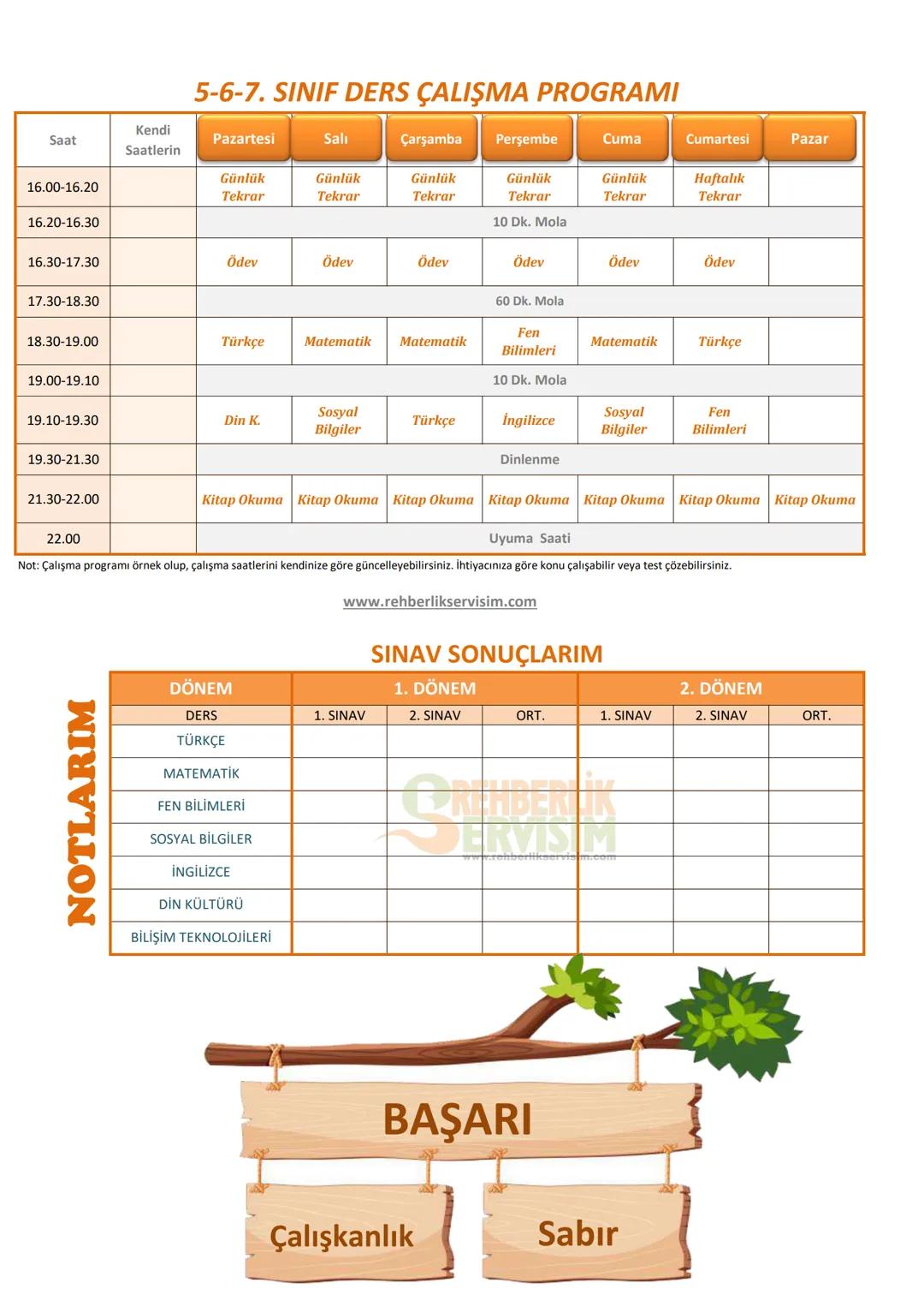 5-6-7. SINIF DERS ÇALIŞMA PROGRAMI
Kendi
Saat
Pazartesi
Sali
Çarşamba
Perşembe
Cuma
Cumartesi
Pazar
Saatlerin
16.00-16.20
Günlük
Tekrar
Günl