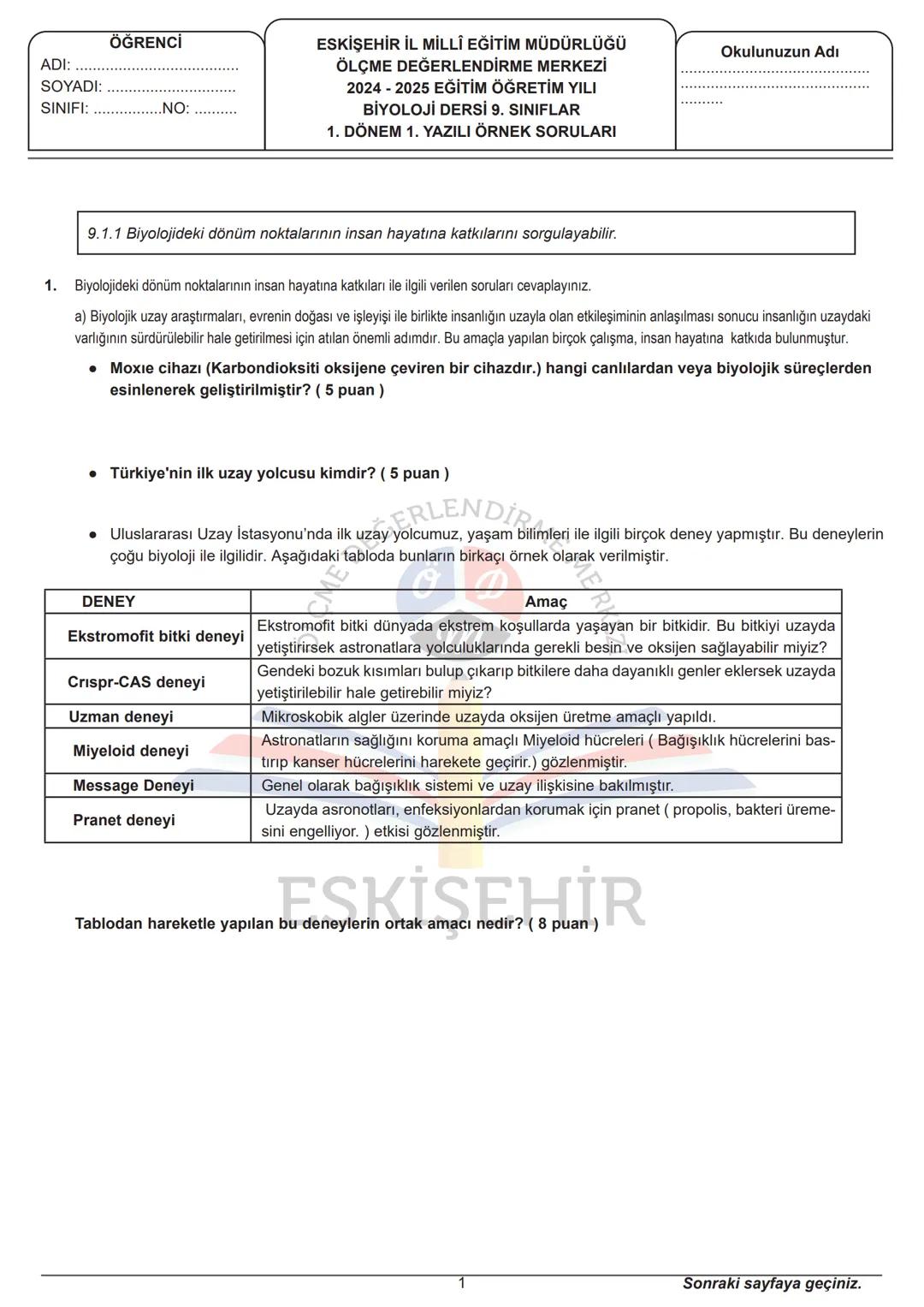 9.Sınıf Biyoloji 1.Dönem 1.Yazılı Sınav Örneği