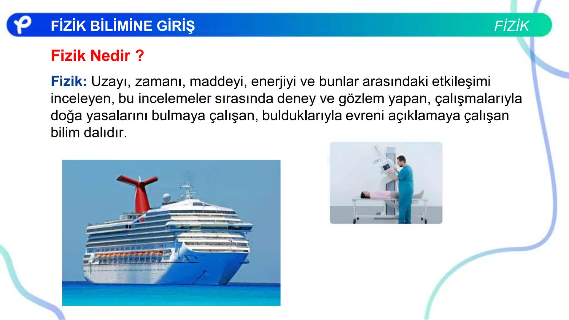 FİZİK
FİZİK BİLİMİNE GİRİŞ
P Pakodemy PFİZİK BİLİMİNE GİRİŞ
Fizik Nedir ?
FİZİK
Fizik: Uzayı, zamanı, maddeyi, enerjiyi ve bunlar arasındaki