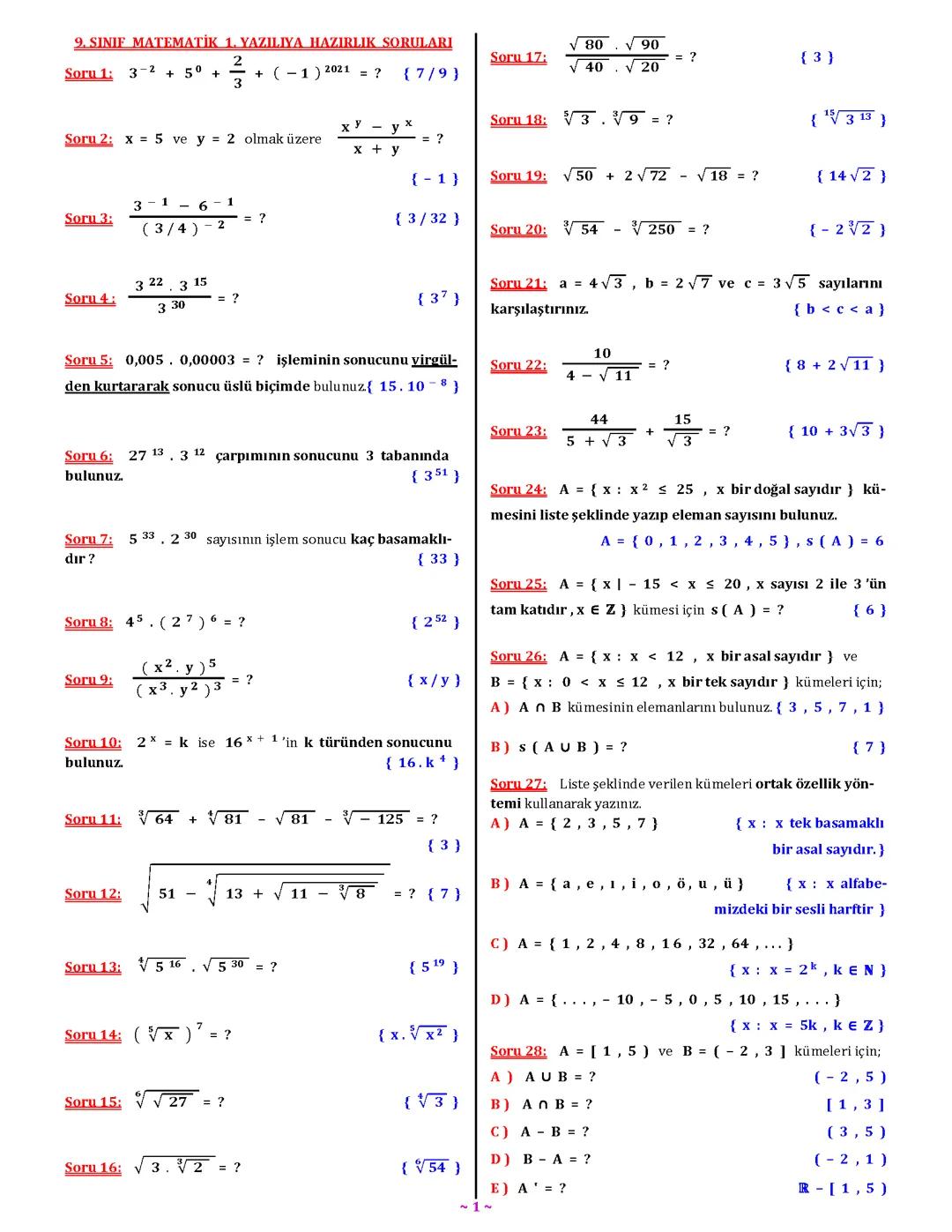 9. Sınıf Matematik 1. Yazılı Hazırlık Rehberi
