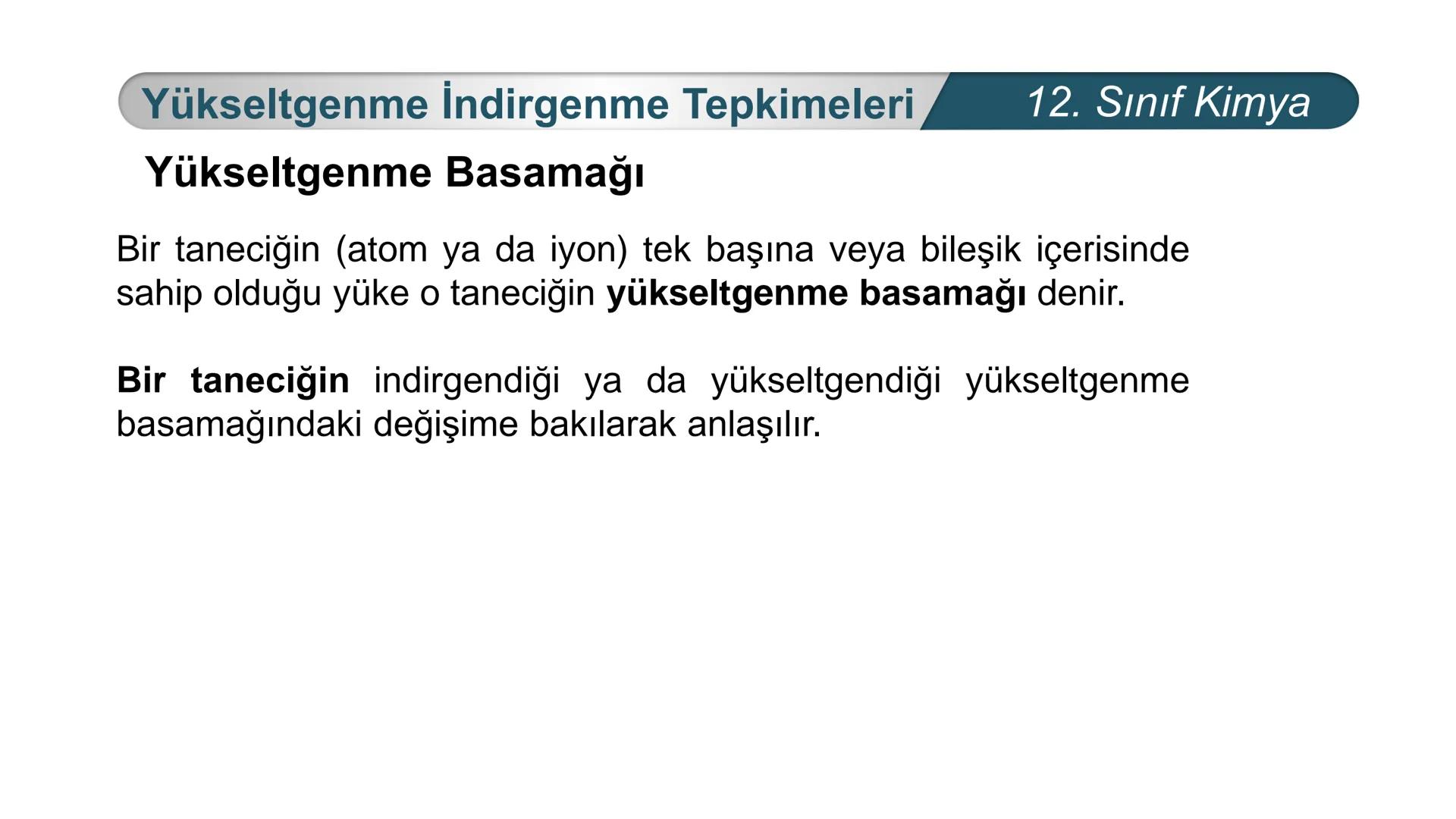 TÜRKIYE CUMHURIYETI
BAKANLIGI
MILLI
*
*
KİMYA
12. SINIF
KİMYA VE ELEKTRİK
İndirgenme Yükseltgenme
Tepkimeleri Yükseltgenme İndirgenme Tepkim