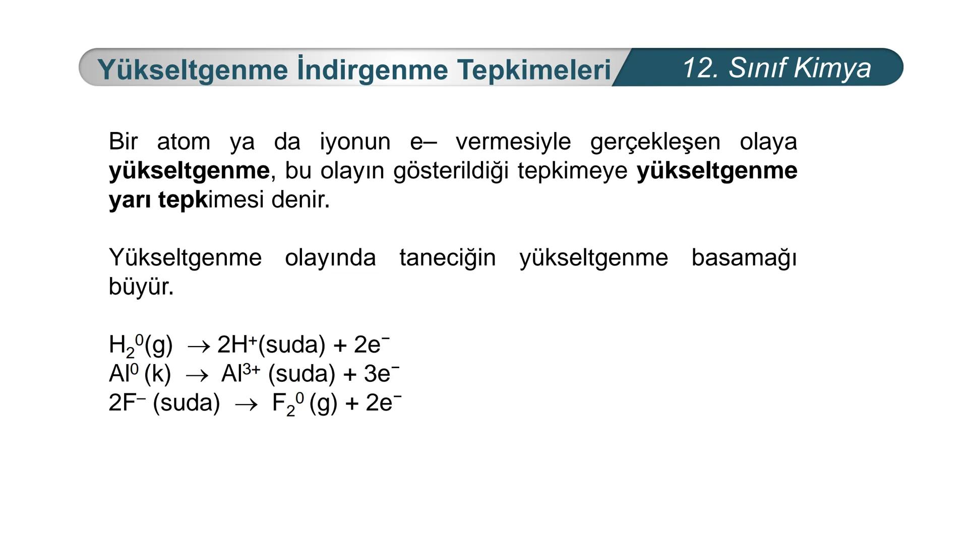 TÜRKIYE CUMHURIYETI
BAKANLIGI
MILLI
*
*
KİMYA
12. SINIF
KİMYA VE ELEKTRİK
İndirgenme Yükseltgenme
Tepkimeleri Yükseltgenme İndirgenme Tepkim