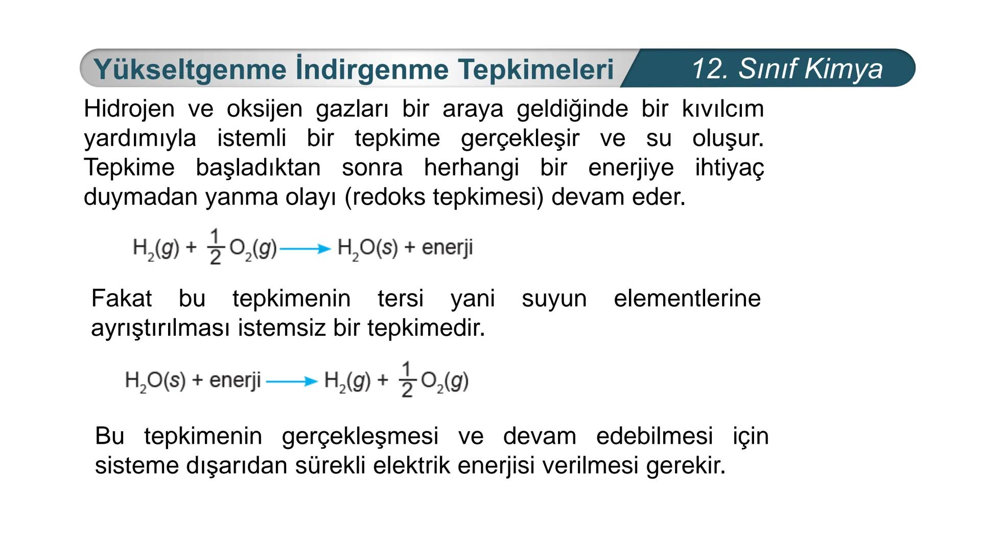 TÜRKIYE CUMHURIYETI
BAKANLIGI
MILLI
*
*
KİMYA
12. SINIF
KİMYA VE ELEKTRİK
İndirgenme Yükseltgenme
Tepkimeleri Yükseltgenme İndirgenme Tepkim
