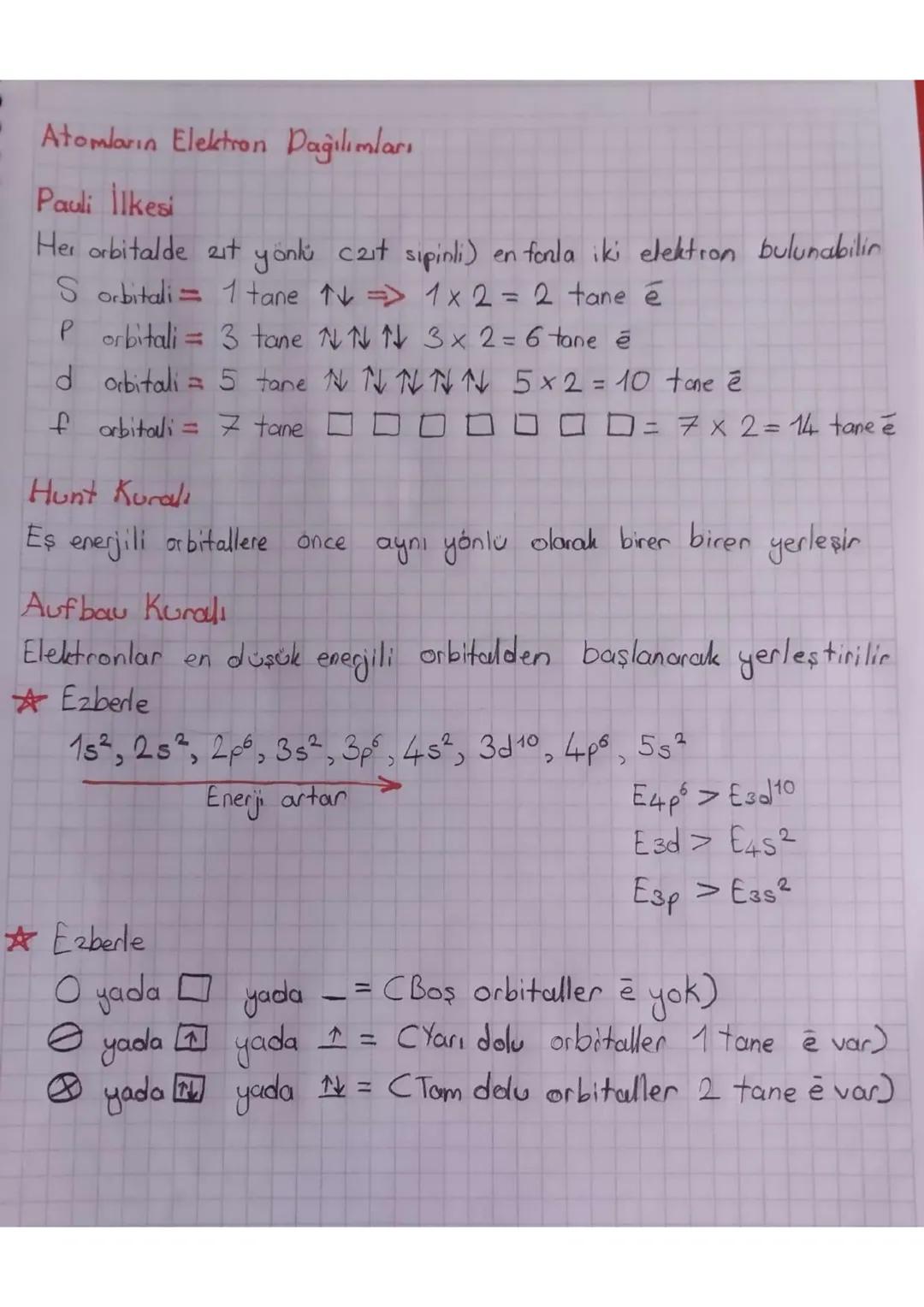 Atomların Elektron Dağılımları
Pauli İlkesi
Her orbitalde zit yönlü cait sipinli) en fonla iki elektron bulunabilin
1 tane ↑↓ => 1x 2 = 2 ta