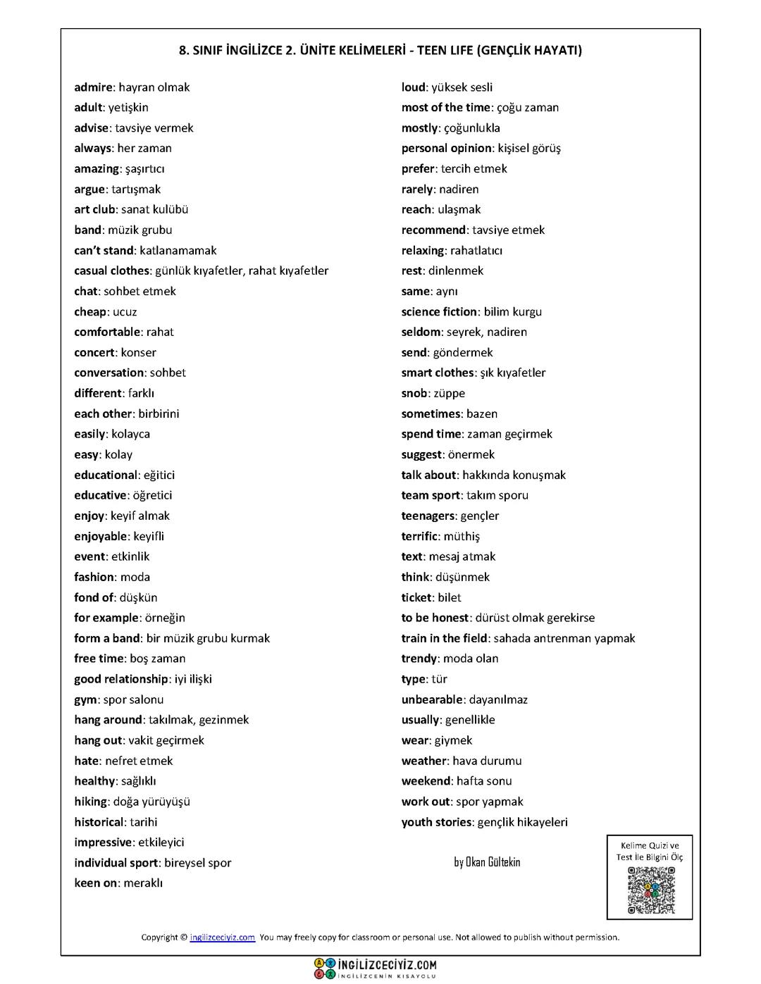 8.sınıf ingilizce 2.ünite önemli kelimeler