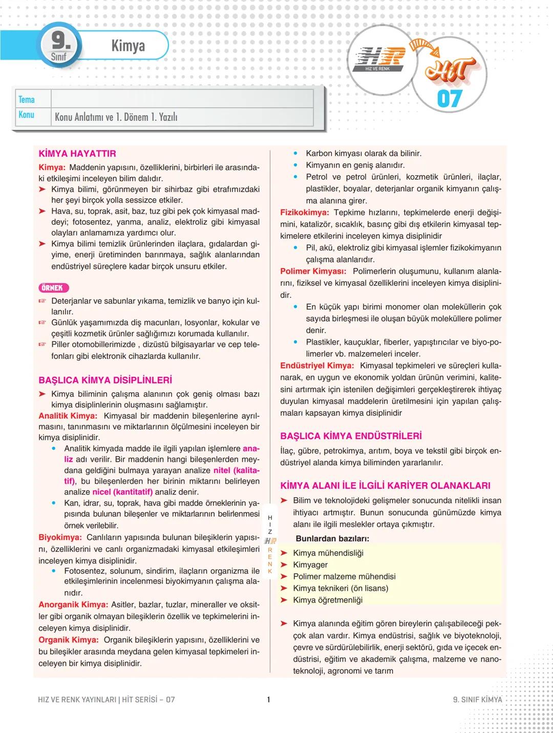 Tema
Konu
9.
Kimya
Sınıf
Konu Anlatımı ve 1. Dönem 1.Yazılı
HIZ VE RENK
HIT
07
KİMYA HAYATTIR
Kimya: Maddenin yapısını, özelliklerini, birbi